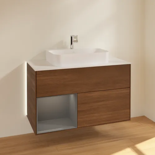 Bild von VILLEROY BOCH Finion Waschbeckenunterschrank, mit Beleuchtung, 2 Auszüge, 1000 x 603 x 501 mm, Walnut Veneer / Anthracite Matt Lacquer / Glass White Matt #G361GKGN