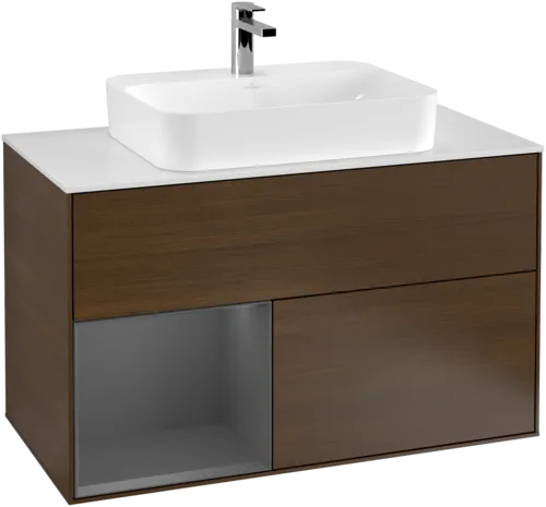 Bild von VILLEROY BOCH Finion Waschbeckenunterschrank, mit Beleuchtung, 2 Auszüge, 1000 x 603 x 501 mm, Walnut Veneer / Anthracite Matt Lacquer / Glass White Matt #G361GKGN