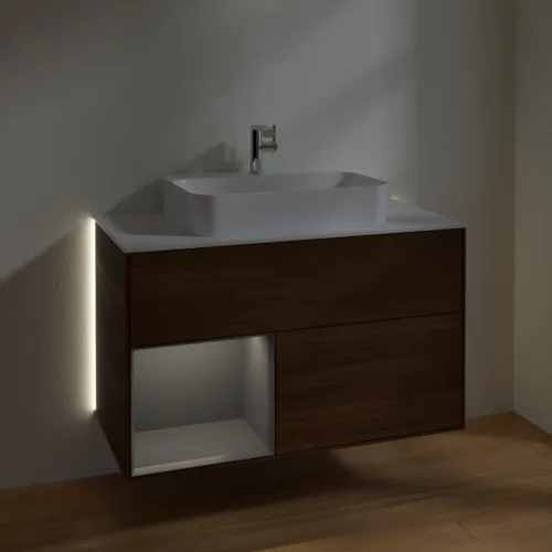 Bild von VILLEROY BOCH Finion Waschbeckenunterschrank, mit Beleuchtung, 2 Auszüge, 1000 x 603 x 501 mm, Walnut Veneer / Anthracite Matt Lacquer / Glass White Matt #G361GKGN