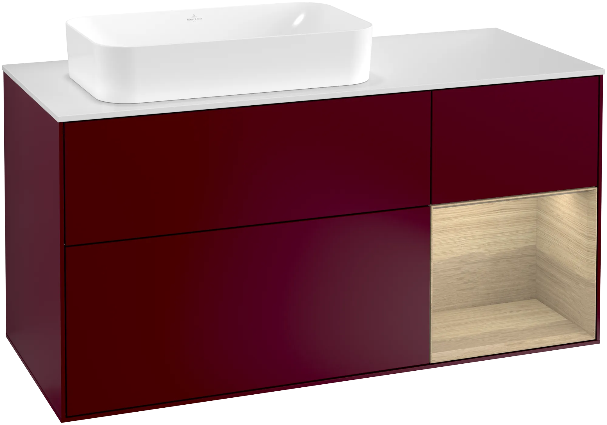Bild von VILLEROY BOCH Finion Waschbeckenunterschrank, mit Beleuchtung, 3 Auszüge, 1200 x 603 x 501 mm, Peony Matt Lacquer / Oak Veneer / Glass White Matt #G281PCHB