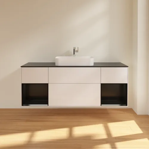Bild von VILLEROY BOCH Finion Waschbeckenunterschrank, mit Beleuchtung, 4 Auszüge, 1600 x 603 x 501 mm, Glossy White Lacquer / Black Matt Lacquer / Glass Black Matt #G332PDGF
