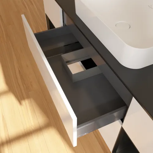 Bild von VILLEROY BOCH Finion Waschbeckenunterschrank, mit Beleuchtung, 4 Auszüge, 1600 x 603 x 501 mm, Glossy White Lacquer / Black Matt Lacquer / Glass Black Matt #G332PDGF