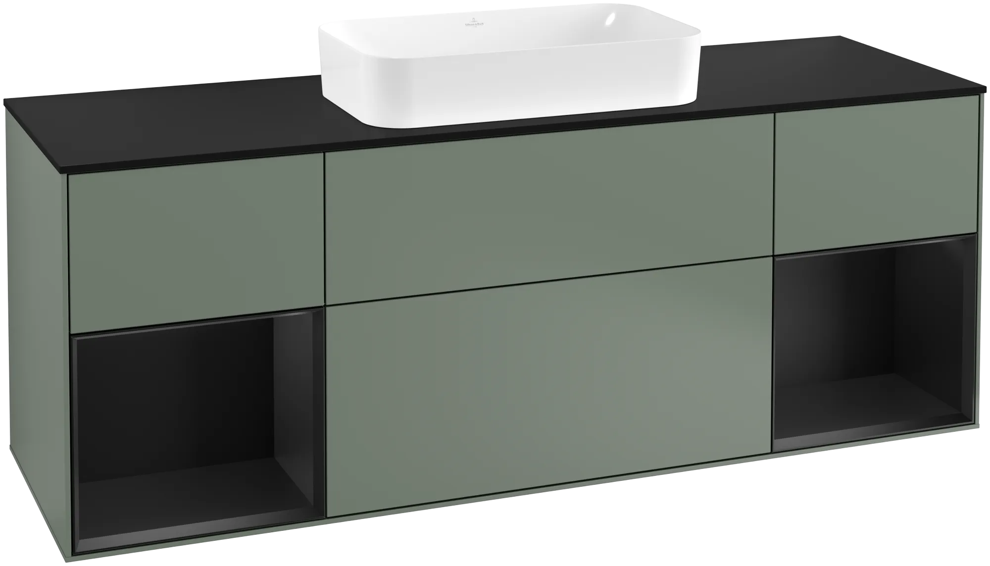 Bild von VILLEROY BOCH Finion Waschbeckenunterschrank, mit Beleuchtung, 4 Auszüge, 1600 x 603 x 501 mm, Olive Matt Lacquer / Black Matt Lacquer / Glass Black Matt #G332PDGM