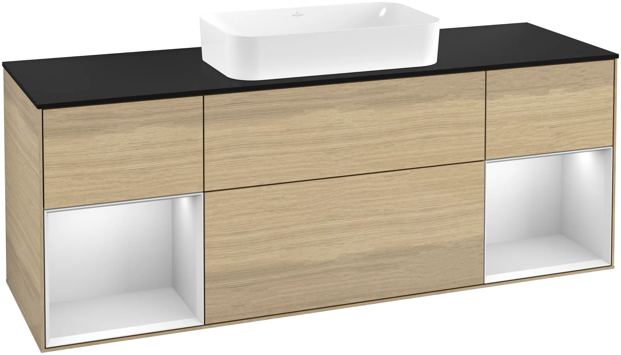 Bild von VILLEROY BOCH Finion Waschbeckenunterschrank, mit Beleuchtung, 4 Auszüge, 1600 x 603 x 501 mm, Oak Veneer / White Matt Lacquer / Glass Black Matt #G332MTPC