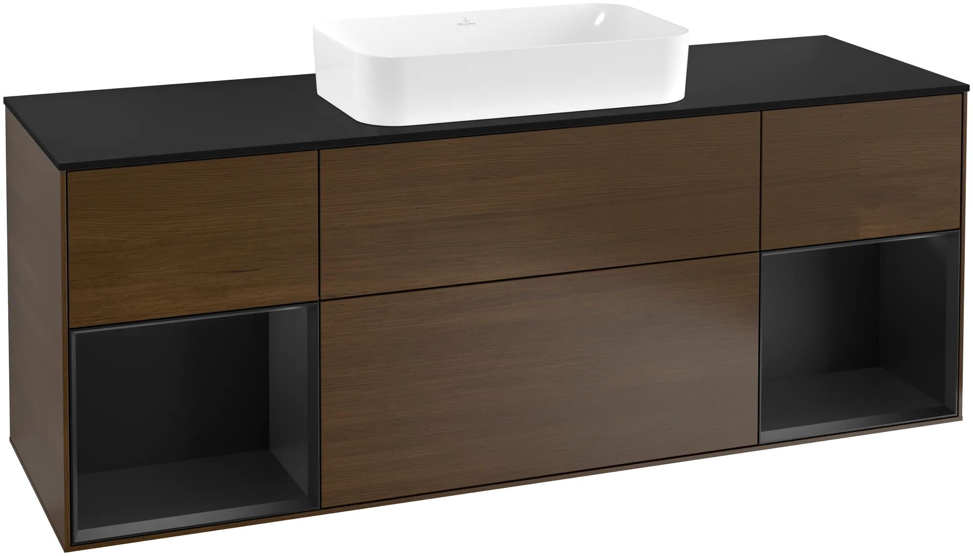 Bild von VILLEROY BOCH Finion Waschbeckenunterschrank, mit Beleuchtung, 4 Auszüge, 1600 x 603 x 501 mm, Walnut Veneer / Black Matt Lacquer / Glass Black Matt #G332PDGN
