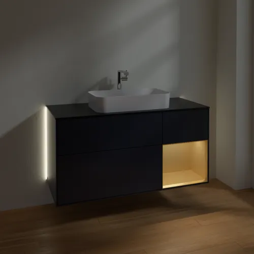 Obrázek VILLEROY BOCH Finion Vanity unit, with lighting, 3 pull-out compartments, 1200 x 603 x 501 mm, Midnight Blue Matt Lacquer / Gold Matt Lacquer / Glass Black Matt #G302HFHG
