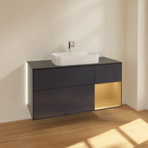 Obrázek VILLEROY BOCH Finion Vanity unit, with lighting, 3 pull-out compartments, 1200 x 603 x 501 mm, Midnight Blue Matt Lacquer / Gold Matt Lacquer / Glass Black Matt #G302HFHG