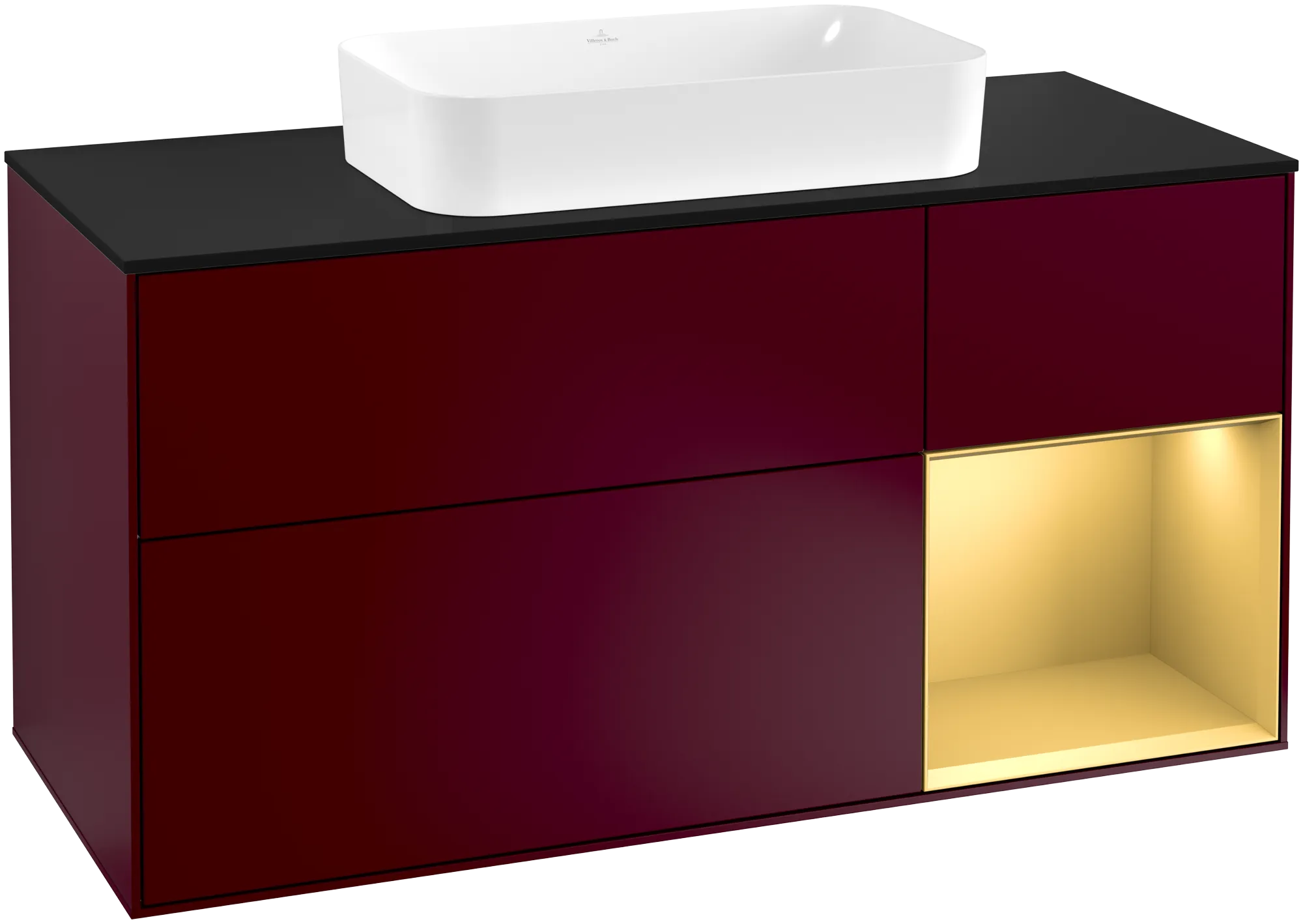 Bild von VILLEROY BOCH Finion Waschbeckenunterschrank, mit Beleuchtung, 3 Auszüge, 1200 x 603 x 501 mm, Peony Matt Lacquer / Gold Matt Lacquer / Glass Black Matt #G302HFHB