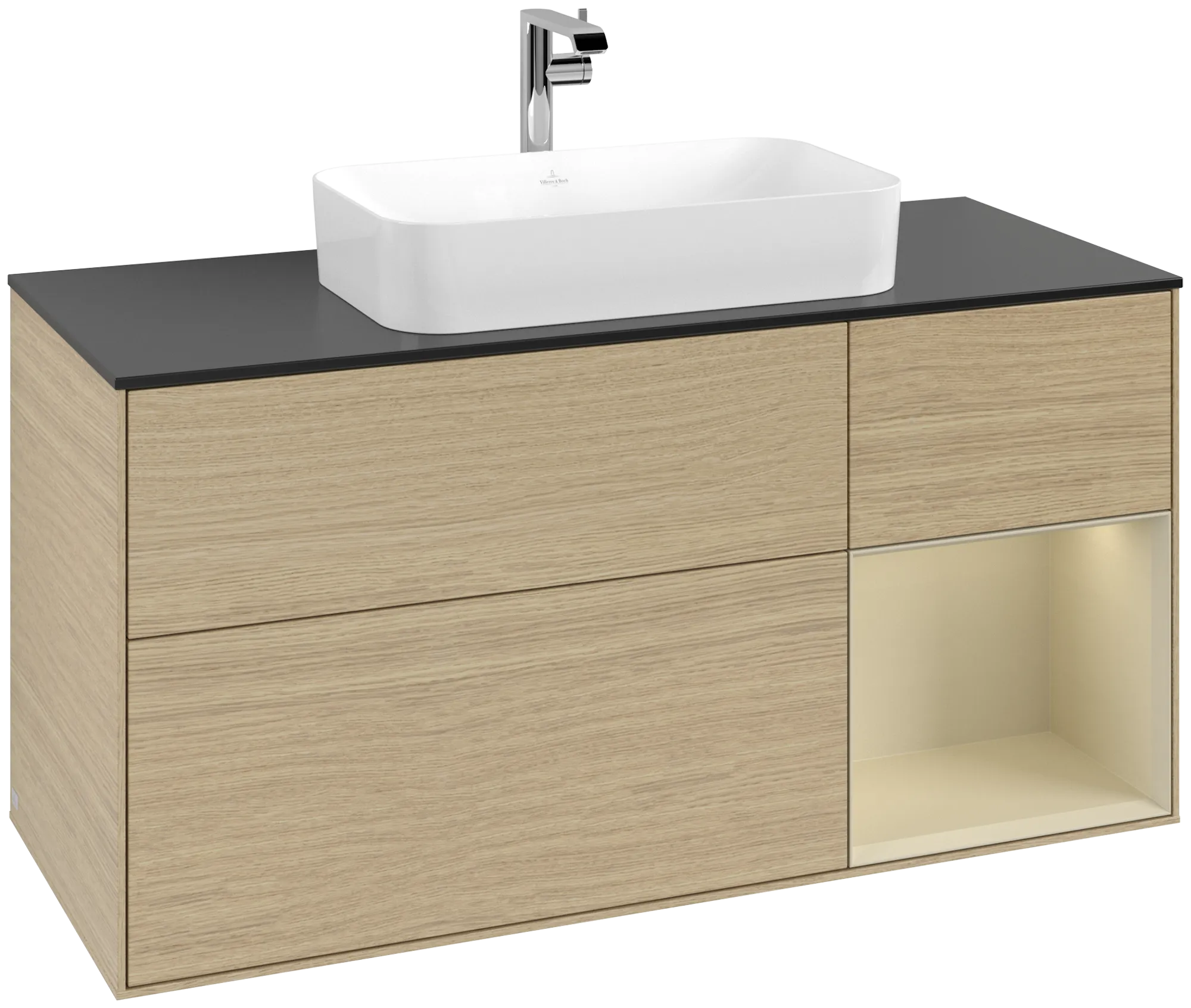 Bild von VILLEROY BOCH Finion Waschbeckenunterschrank, mit Beleuchtung, 3 Auszüge, 1200 x 603 x 501 mm, Oak Veneer / Silk Grey Matt Lacquer / Glass Black Matt #G302HJPC