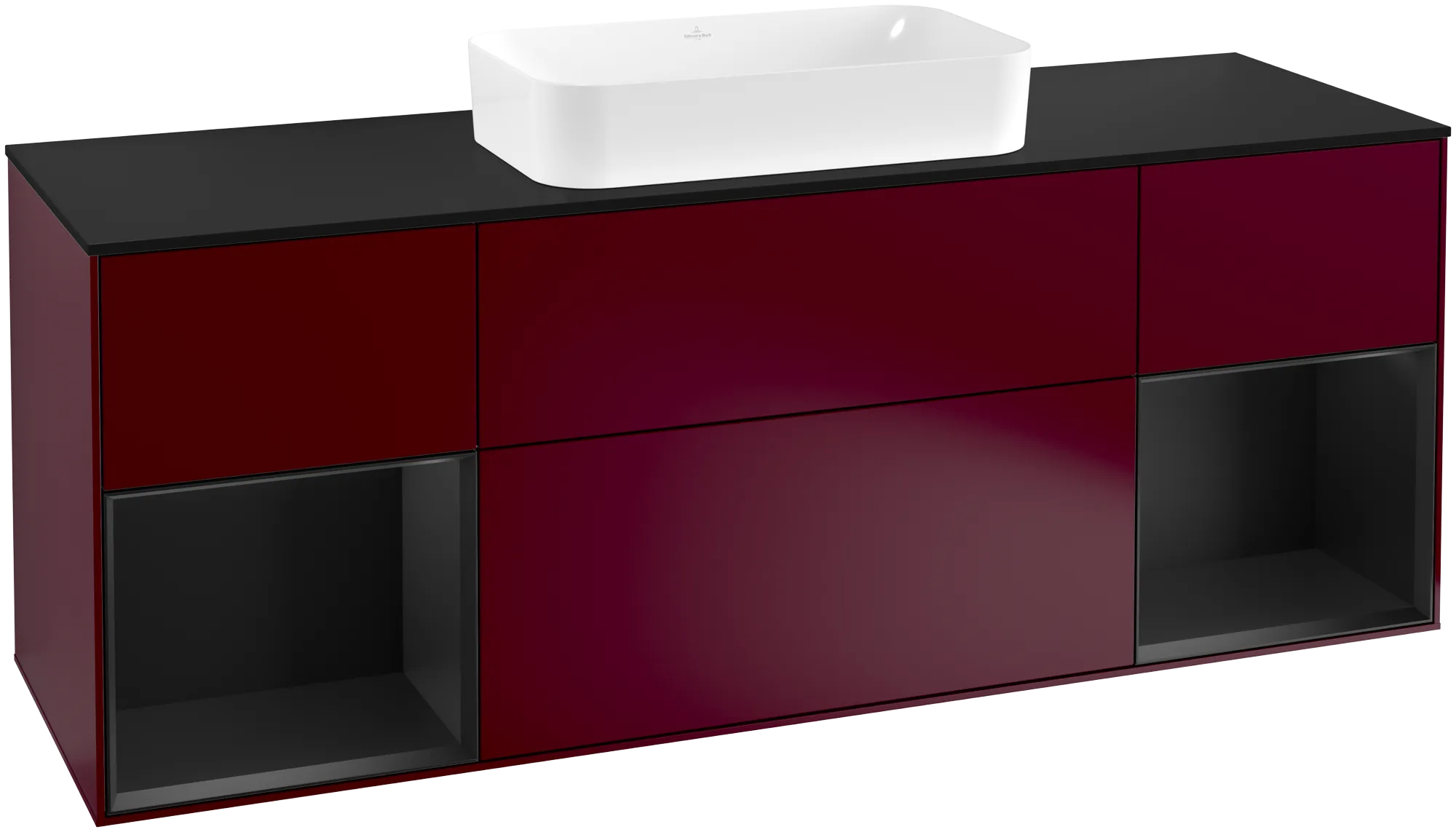 Bild von VILLEROY BOCH Finion Waschbeckenunterschrank, mit Beleuchtung, 4 Auszüge, 1600 x 603 x 501 mm, Peony Matt Lacquer / Black Matt Lacquer / Glass Black Matt #G332PDHB