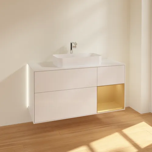 Bild von VILLEROY BOCH Finion Waschbeckenunterschrank, mit Beleuchtung, 3 Auszüge, 1200 x 603 x 501 mm, Glossy White Lacquer / Gold Matt Lacquer / Glass White Matt #G301HFGF