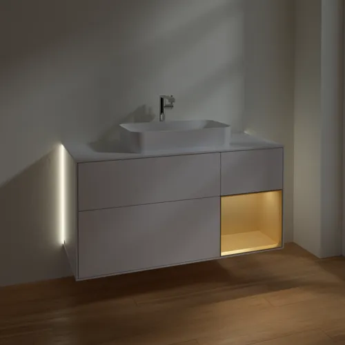 Bild von VILLEROY BOCH Finion Waschbeckenunterschrank, mit Beleuchtung, 3 Auszüge, 1200 x 603 x 501 mm, Glossy White Lacquer / Gold Matt Lacquer / Glass White Matt #G301HFGF