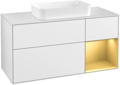 Bild von VILLEROY BOCH Finion Waschbeckenunterschrank, mit Beleuchtung, 3 Auszüge, 1200 x 603 x 501 mm, Glossy White Lacquer / Gold Matt Lacquer / Glass White Matt #G301HFGF