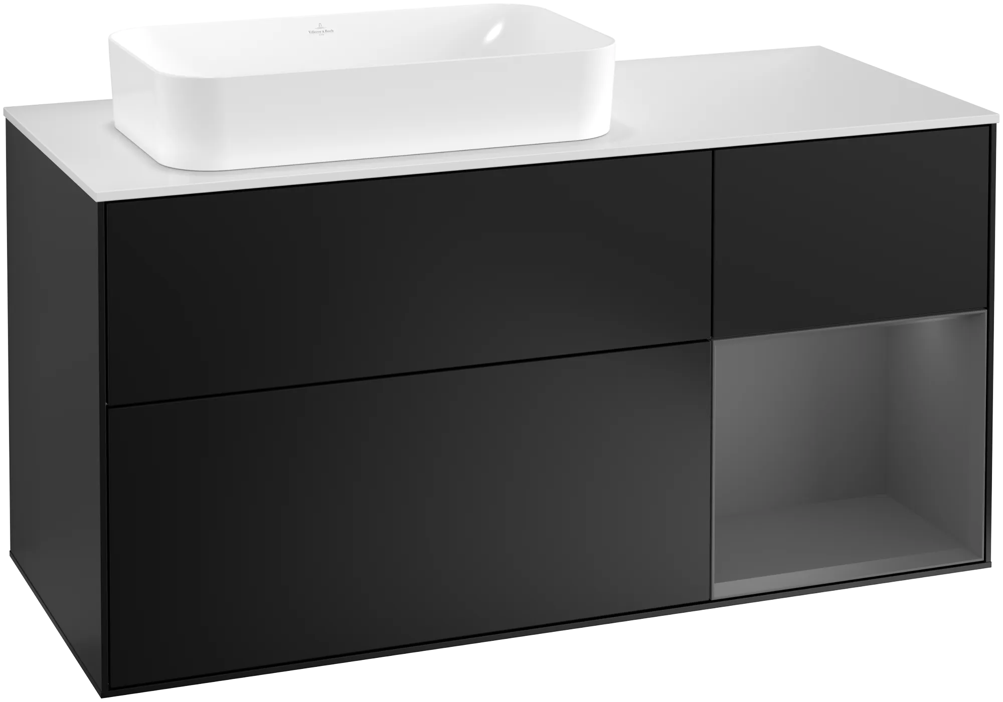 Bild von VILLEROY BOCH Finion Waschbeckenunterschrank, mit Beleuchtung, 3 Auszüge, 1200 x 603 x 501 mm, Black Matt Lacquer / Anthracite Matt Lacquer / Glass White Matt #G281GKPD