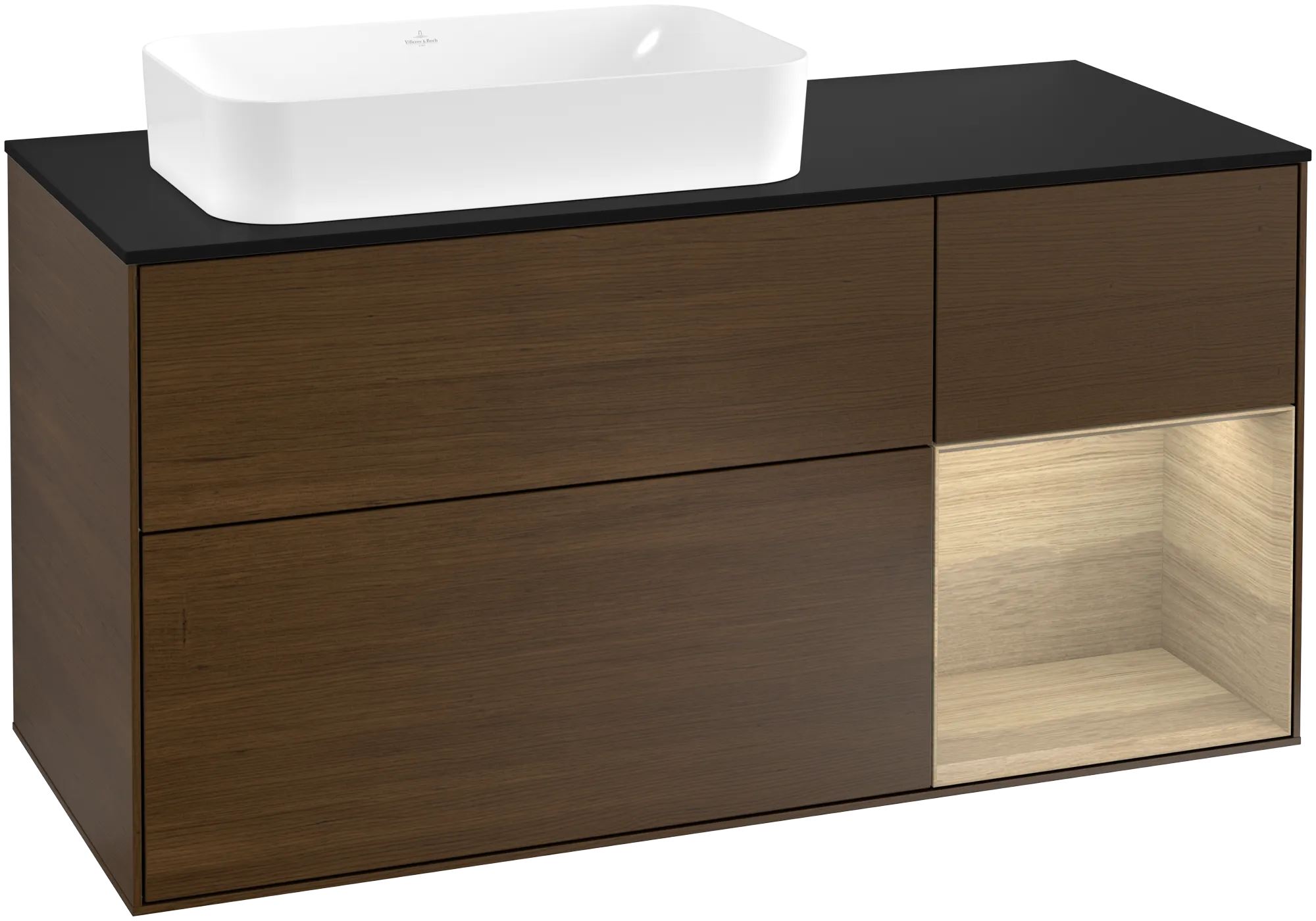 Bild von VILLEROY BOCH Finion Waschbeckenunterschrank, mit Beleuchtung, 3 Auszüge, 1200 x 603 x 501 mm, Walnut Veneer / Oak Veneer / Glass Black Matt #G282PCGN