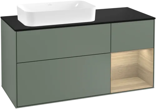 Bild von VILLEROY BOCH Finion Waschbeckenunterschrank, mit Beleuchtung, 3 Auszüge, 1200 x 603 x 501 mm, Olive Matt Lacquer / Oak Veneer / Glass Black Matt #G282PCGM
