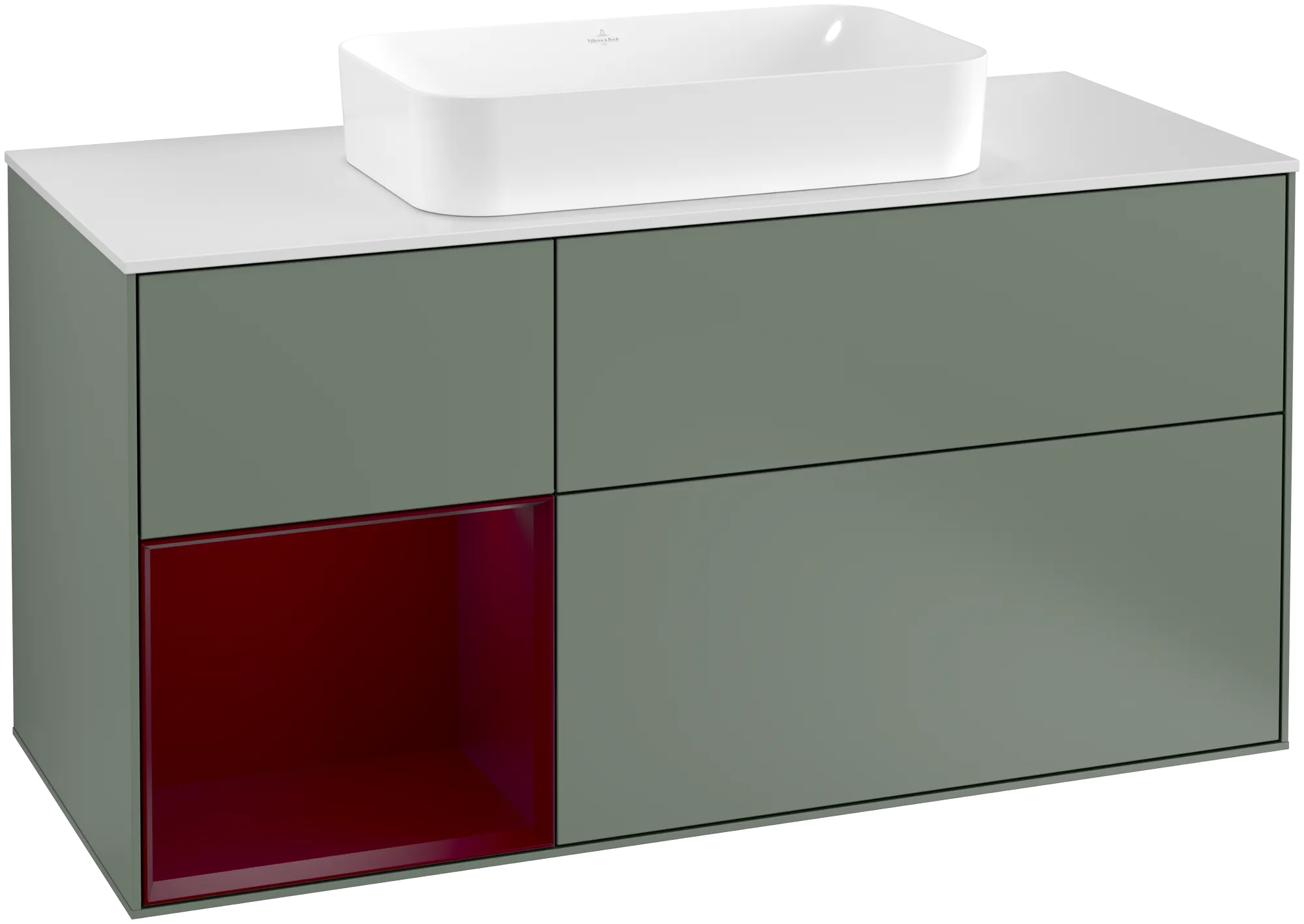 Bild von VILLEROY BOCH Finion Waschbeckenunterschrank, mit Beleuchtung, 3 Auszüge, 1200 x 603 x 501 mm, Olive Matt Lacquer / Peony Matt Lacquer / Glass White Matt #G291HBGM