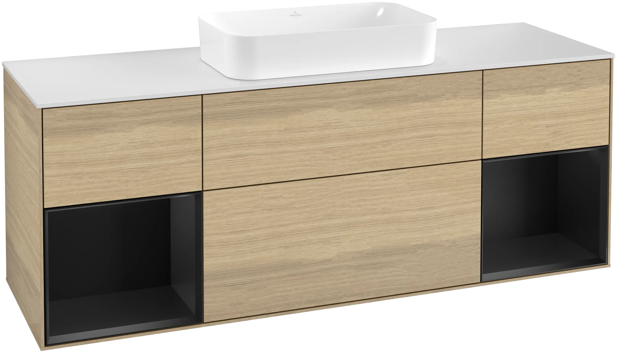 Bild von VILLEROY BOCH Finion Waschbeckenunterschrank, mit Beleuchtung, 4 Auszüge, 1600 x 603 x 501 mm, Oak Veneer / Black Matt Lacquer / Glass White Matt #G331PDPC