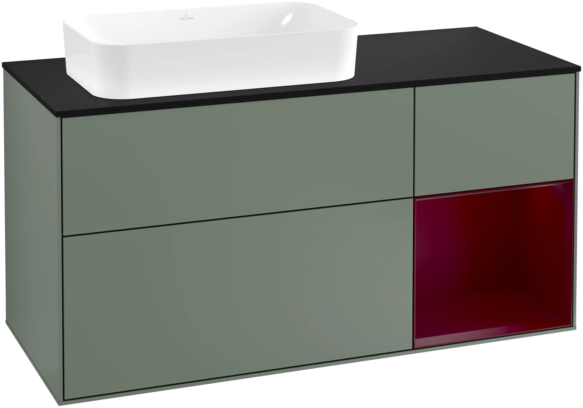 Bild von VILLEROY BOCH Finion Waschbeckenunterschrank, mit Beleuchtung, 3 Auszüge, 1200 x 603 x 501 mm, Olive Matt Lacquer / Peony Matt Lacquer / Glass Black Matt #G282HBGM