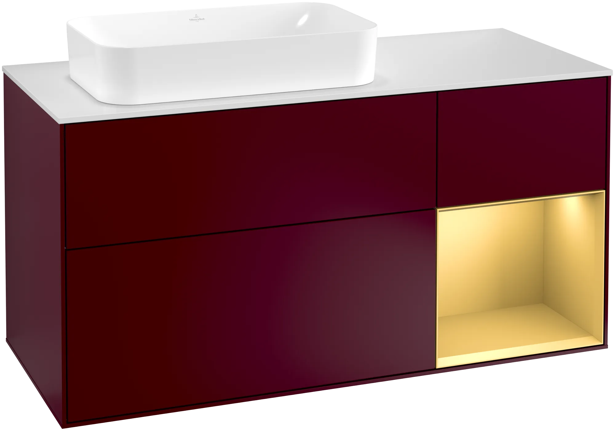 Bild von VILLEROY BOCH Finion Waschbeckenunterschrank, mit Beleuchtung, 3 Auszüge, 1200 x 603 x 501 mm, Peony Matt Lacquer / Gold Matt Lacquer / Glass White Matt #G281HFHB