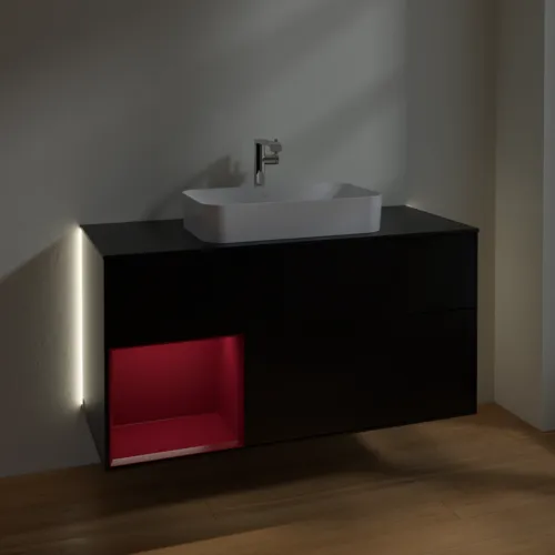 Bild von VILLEROY BOCH Finion Waschbeckenunterschrank, mit Beleuchtung, 3 Auszüge, 1200 x 603 x 501 mm, Black Matt Lacquer / Peony Matt Lacquer / Glass Black Matt #G292HBPD