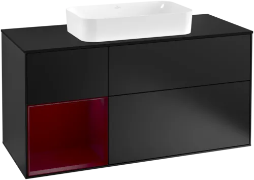 Bild von VILLEROY BOCH Finion Waschbeckenunterschrank, mit Beleuchtung, 3 Auszüge, 1200 x 603 x 501 mm, Black Matt Lacquer / Peony Matt Lacquer / Glass Black Matt #G292HBPD