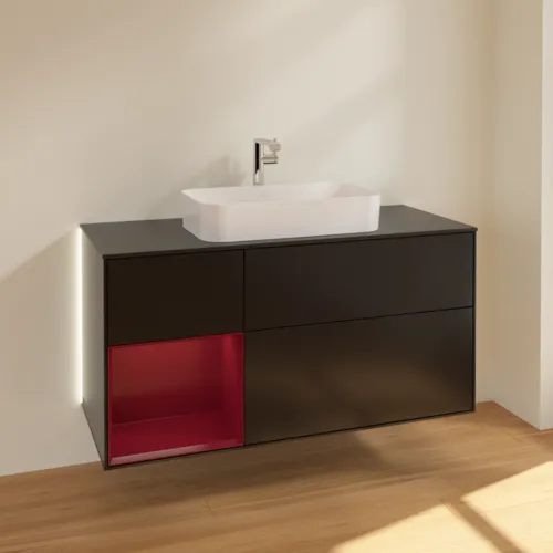 Bild von VILLEROY BOCH Finion Waschbeckenunterschrank, mit Beleuchtung, 3 Auszüge, 1200 x 603 x 501 mm, Black Matt Lacquer / Peony Matt Lacquer / Glass Black Matt #G292HBPD