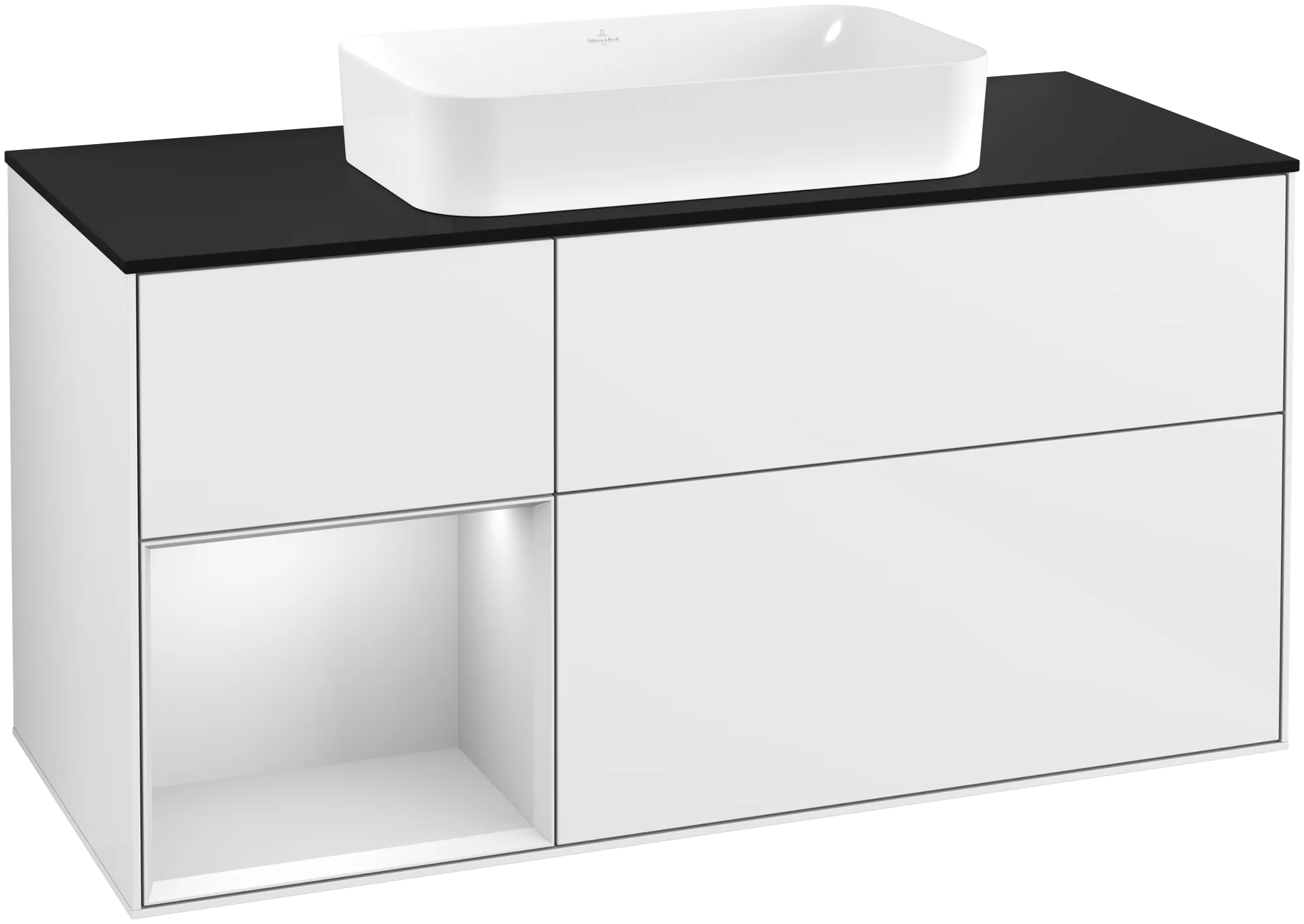 Obrázek VILLEROY BOCH Finion Vanity unit, with lighting, 3 pull-out compartments, 1200 x 603 x 501 mm, Glossy White Lacquer / White Matt Lacquer / Glass Black Matt #G292MTGF