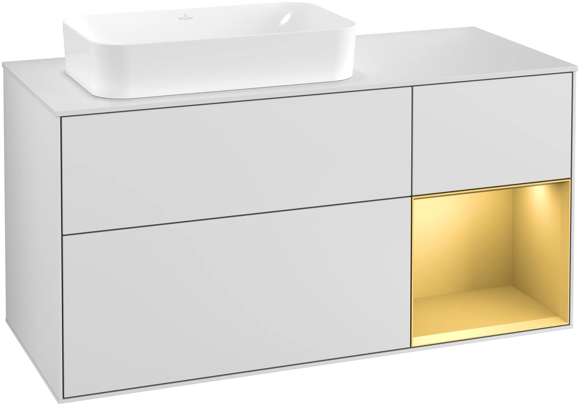 Bild von VILLEROY BOCH Finion Waschbeckenunterschrank, mit Beleuchtung, 3 Auszüge, 1200 x 603 x 501 mm, White Matt Lacquer / Gold Matt Lacquer / Glass White Matt #G281HFMT