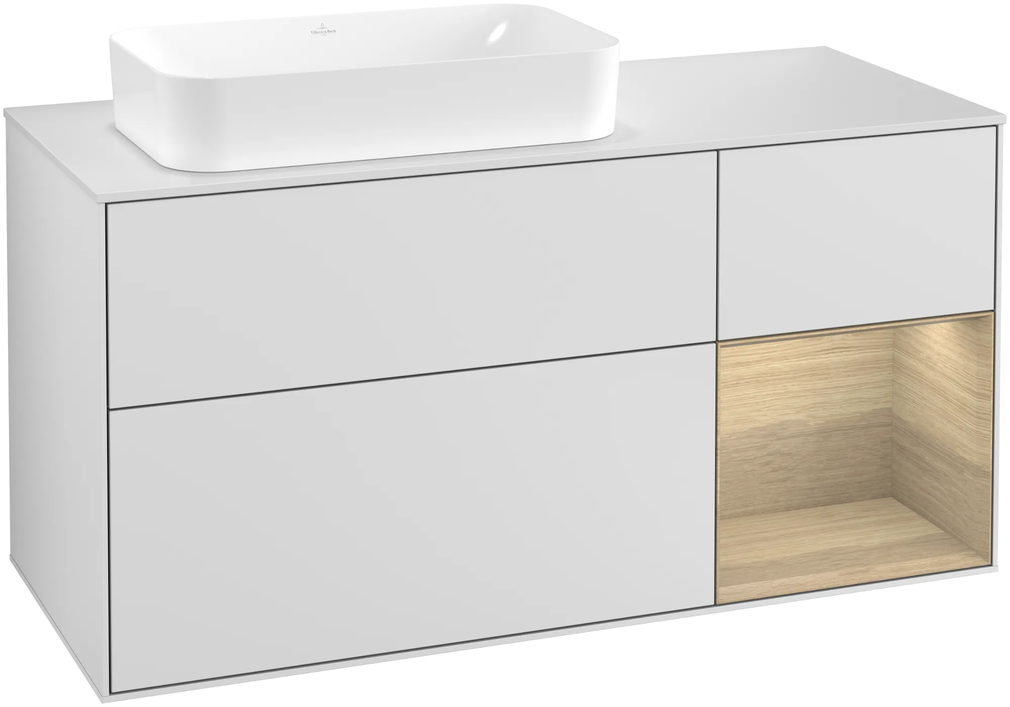 Bild von VILLEROY BOCH Finion Waschbeckenunterschrank, mit Beleuchtung, 3 Auszüge, 1200 x 603 x 501 mm, White Matt Lacquer / Oak Veneer / Glass White Matt #G281PCMT