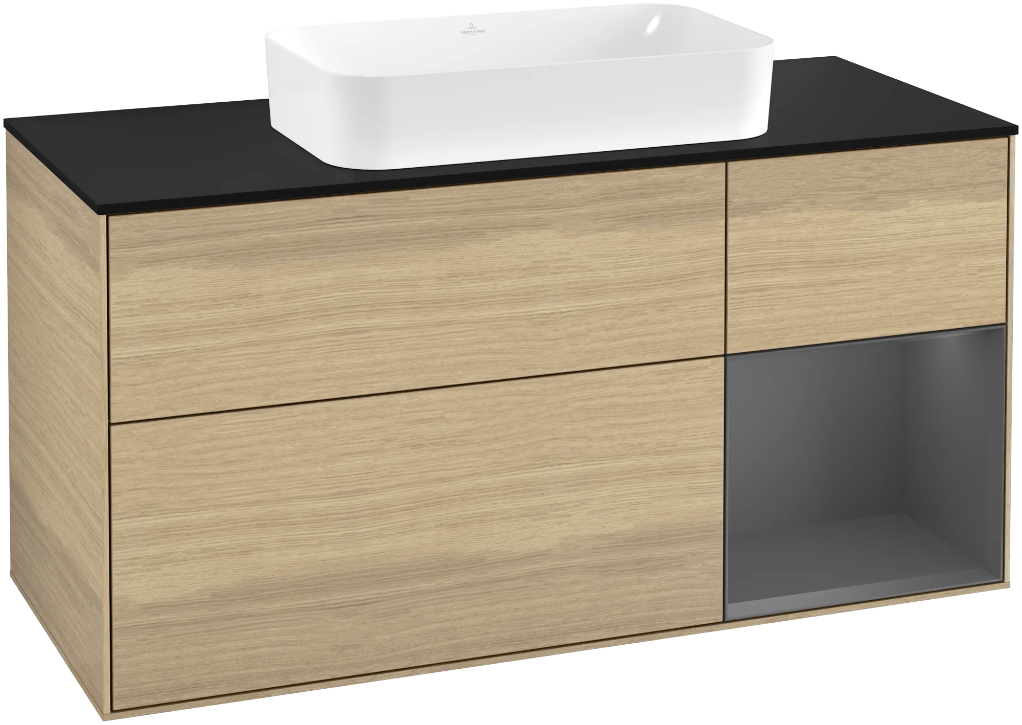 Bild von VILLEROY BOCH Finion Waschbeckenunterschrank, mit Beleuchtung, 3 Auszüge, 1200 x 603 x 501 mm, Oak Veneer / Anthracite Matt Lacquer / Glass Black Matt #G302GKPC
