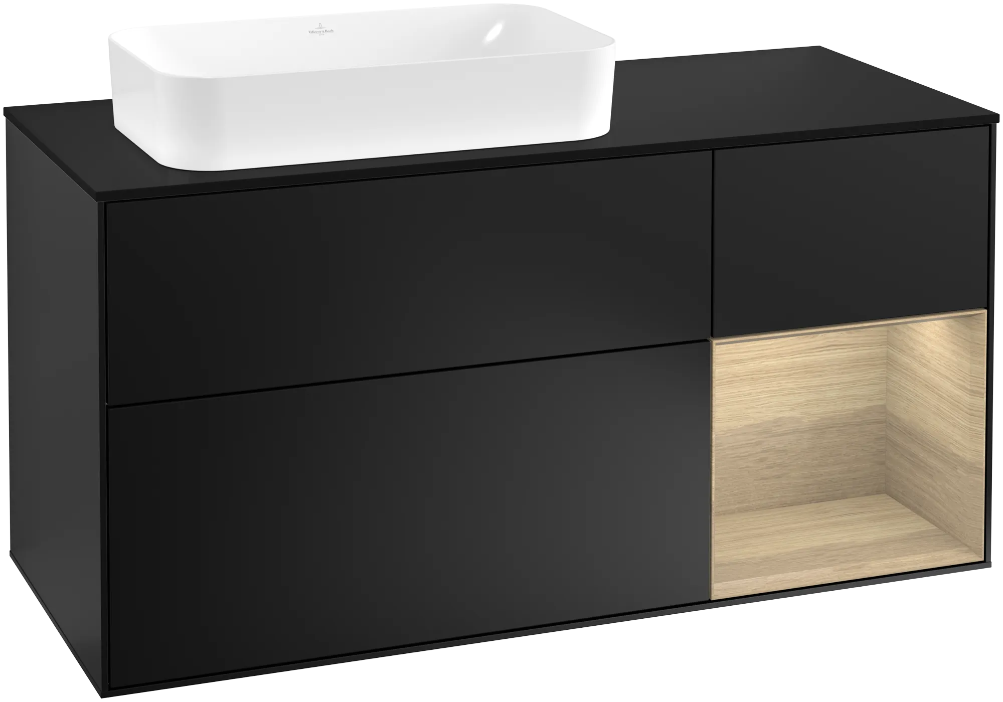 Bild von VILLEROY BOCH Finion Waschbeckenunterschrank, mit Beleuchtung, 3 Auszüge, 1200 x 603 x 501 mm, Black Matt Lacquer / Oak Veneer / Glass Black Matt #G282PCPD