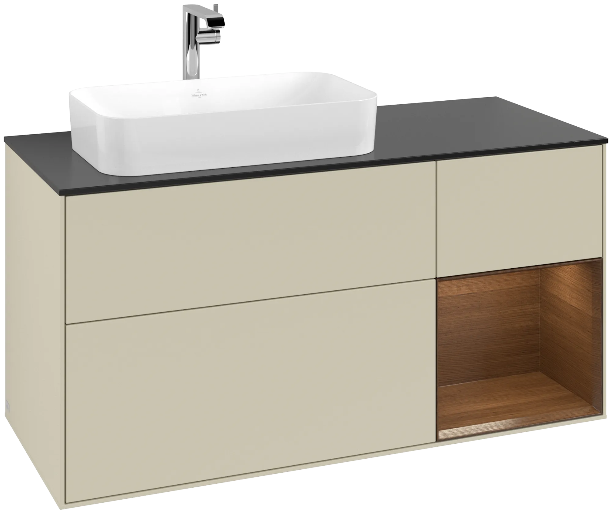 Bild von VILLEROY BOCH Finion Waschbeckenunterschrank, mit Beleuchtung, 3 Auszüge, 1200 x 603 x 501 mm, Silk Grey Matt Lacquer / Walnut Veneer / Glass Black Matt #G282GNHJ