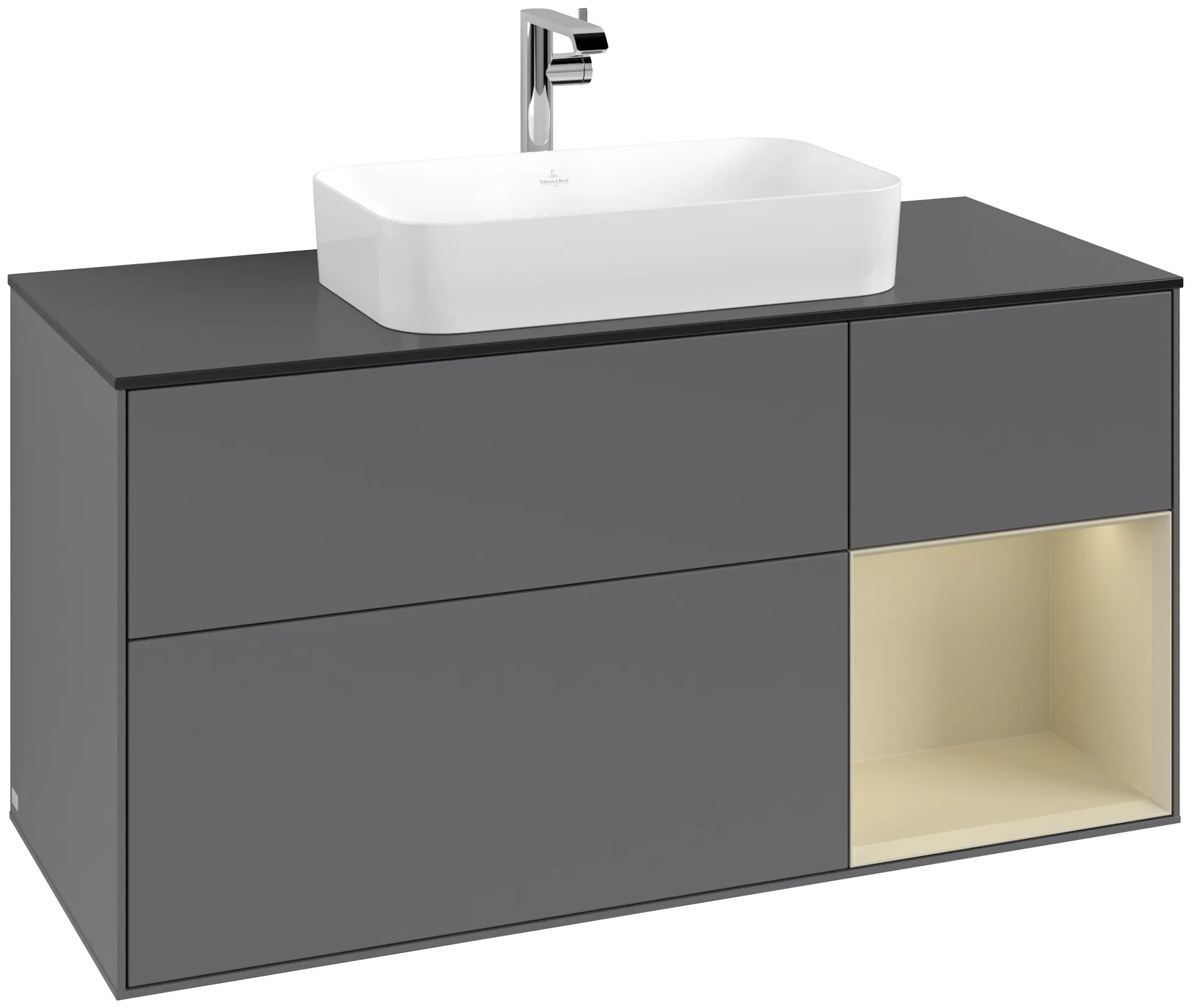 Bild von VILLEROY BOCH Finion Waschbeckenunterschrank, mit Beleuchtung, 3 Auszüge, 1200 x 603 x 501 mm, Anthracite Matt Lacquer / Silk Grey Matt Lacquer / Glass Black Matt #G302HJGK