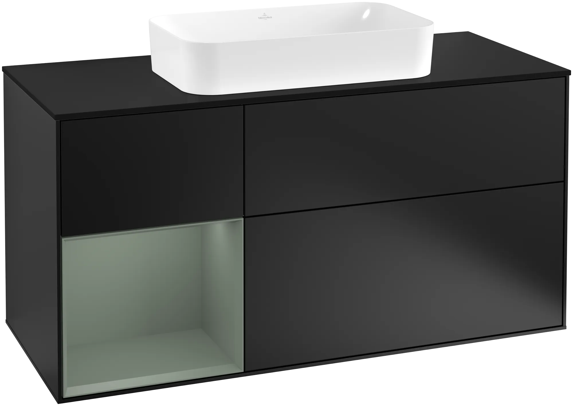 Bild von VILLEROY BOCH Finion Waschbeckenunterschrank, mit Beleuchtung, 3 Auszüge, 1200 x 603 x 501 mm, Black Matt Lacquer / Olive Matt Lacquer / Glass Black Matt #G292GMPD