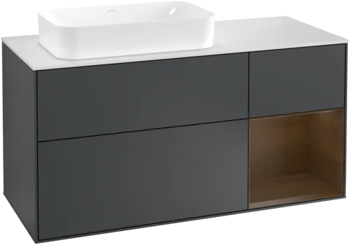 Bild von VILLEROY BOCH Finion Waschbeckenunterschrank, mit Beleuchtung, 3 Auszüge, 1200 x 603 x 501 mm, Midnight Blue Matt Lacquer / Walnut Veneer / Glass White Matt #G281GNHG
