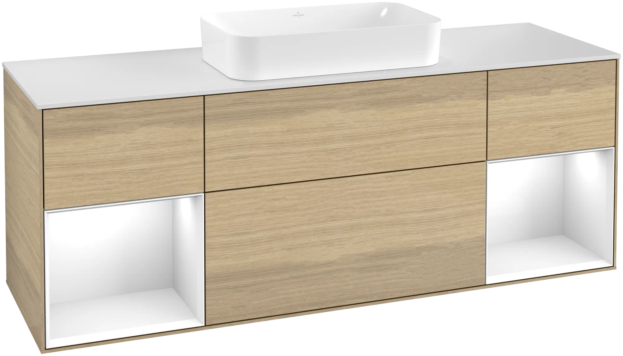 Bild von VILLEROY BOCH Finion Waschbeckenunterschrank, mit Beleuchtung, 4 Auszüge, 1600 x 603 x 501 mm, Oak Veneer / Glossy White Lacquer / Glass White Matt #G331GFPC