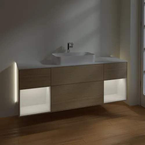 Bild von VILLEROY BOCH Finion Waschbeckenunterschrank, mit Beleuchtung, 4 Auszüge, 1600 x 603 x 501 mm, Oak Veneer / Glossy White Lacquer / Glass White Matt #G331GFPC