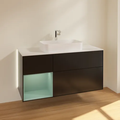 Bild von VILLEROY BOCH Finion Waschbeckenunterschrank, mit Beleuchtung, 3 Auszüge, 1200 x 603 x 501 mm, Black Matt Lacquer / Olive Matt Lacquer / Glass White Matt #G291GMPD