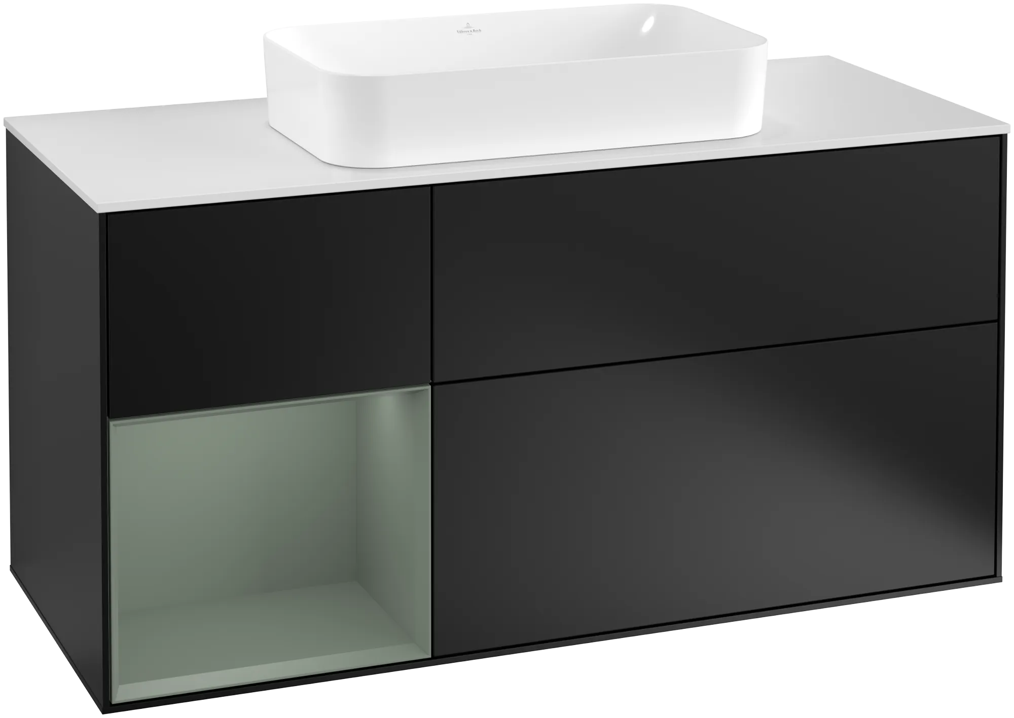 Bild von VILLEROY BOCH Finion Waschbeckenunterschrank, mit Beleuchtung, 3 Auszüge, 1200 x 603 x 501 mm, Black Matt Lacquer / Olive Matt Lacquer / Glass White Matt #G291GMPD