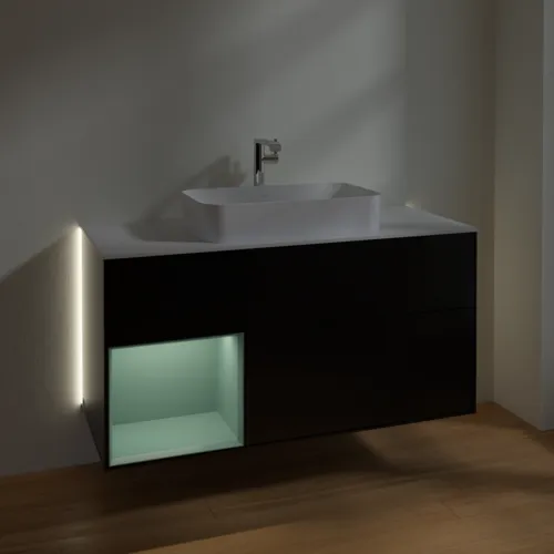Bild von VILLEROY BOCH Finion Waschbeckenunterschrank, mit Beleuchtung, 3 Auszüge, 1200 x 603 x 501 mm, Black Matt Lacquer / Olive Matt Lacquer / Glass White Matt #G291GMPD