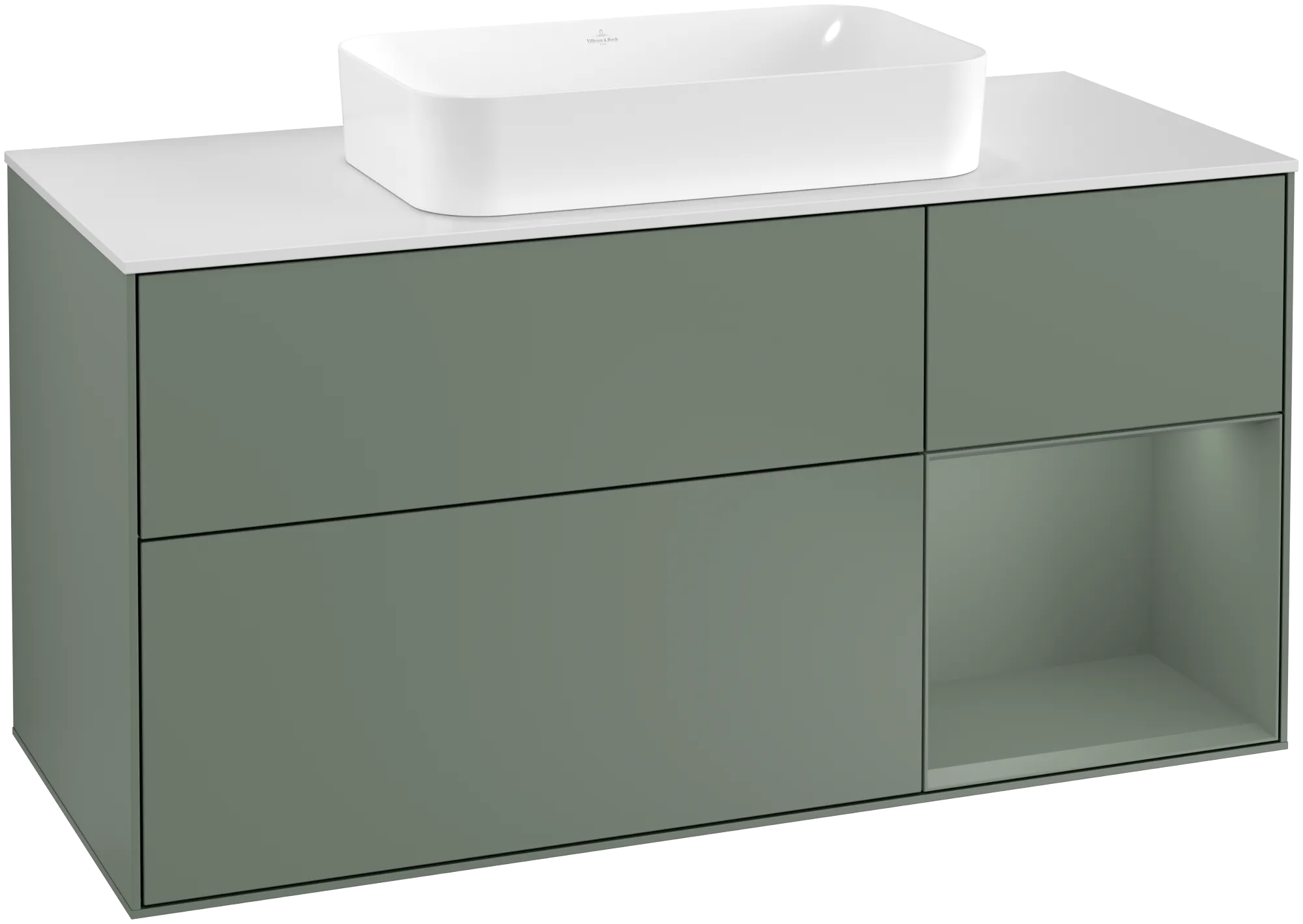 Bild von VILLEROY BOCH Finion Waschbeckenunterschrank, mit Beleuchtung, 3 Auszüge, 1200 x 603 x 501 mm, Olive Matt Lacquer / Olive Matt Lacquer / Glass White Matt #G301GMGM