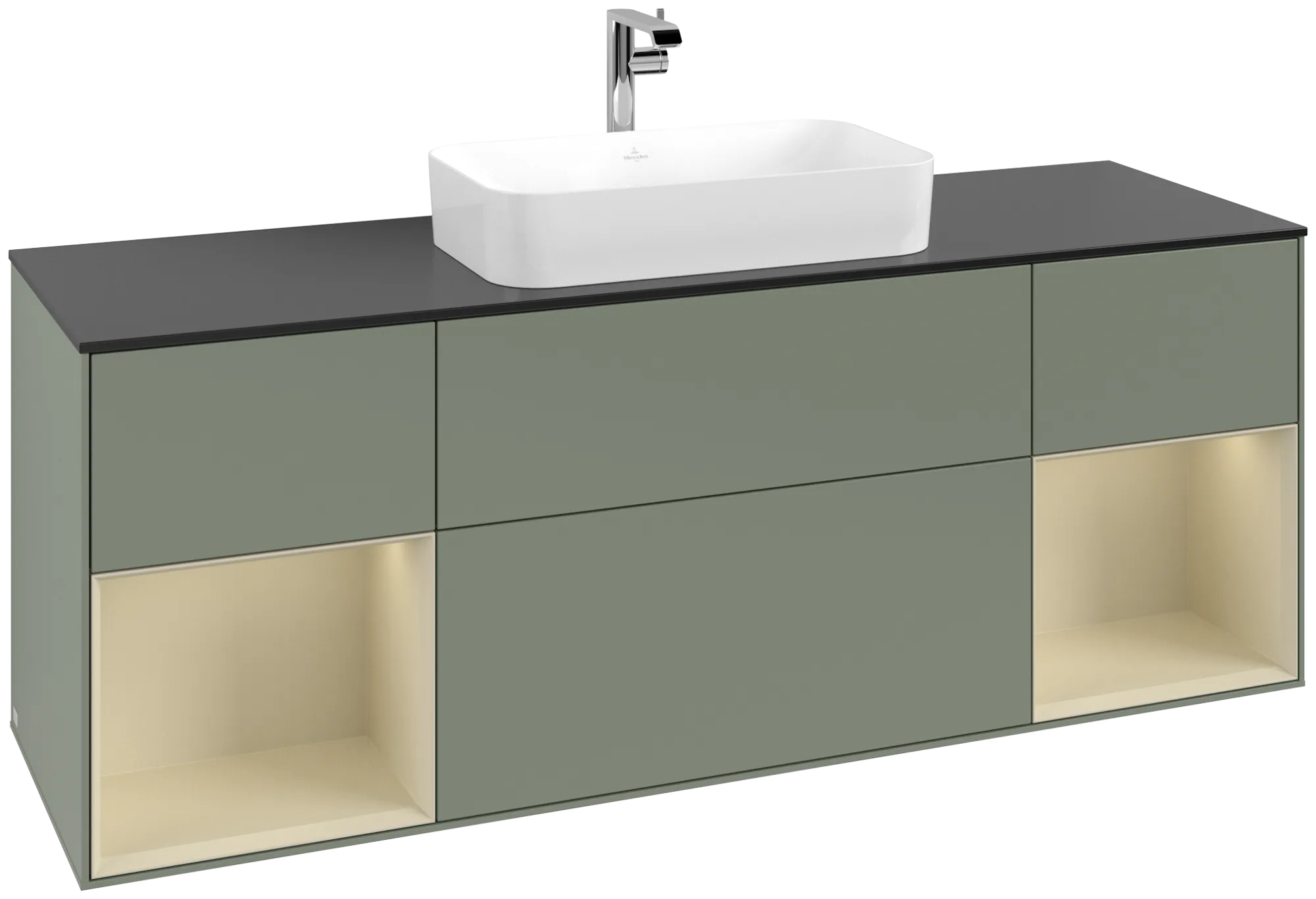 Bild von VILLEROY BOCH Finion Waschbeckenunterschrank, mit Beleuchtung, 4 Auszüge, 1600 x 603 x 501 mm, Olive Matt Lacquer / Silk Grey Matt Lacquer / Glass Black Matt #G332HJGM