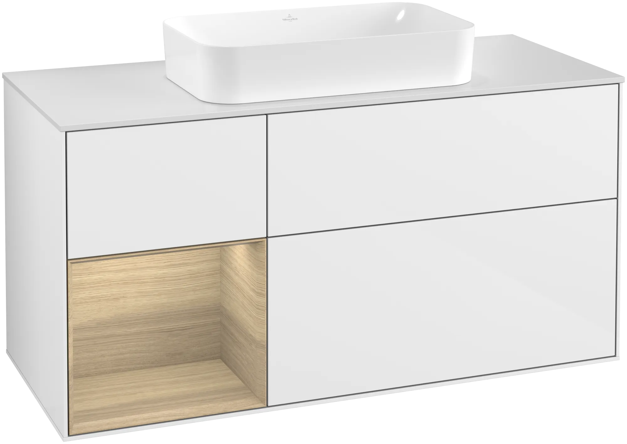 Bild von VILLEROY BOCH Finion Waschbeckenunterschrank, mit Beleuchtung, 3 Auszüge, 1200 x 603 x 501 mm, Glossy White Lacquer / Oak Veneer / Glass White Matt #G291PCGF