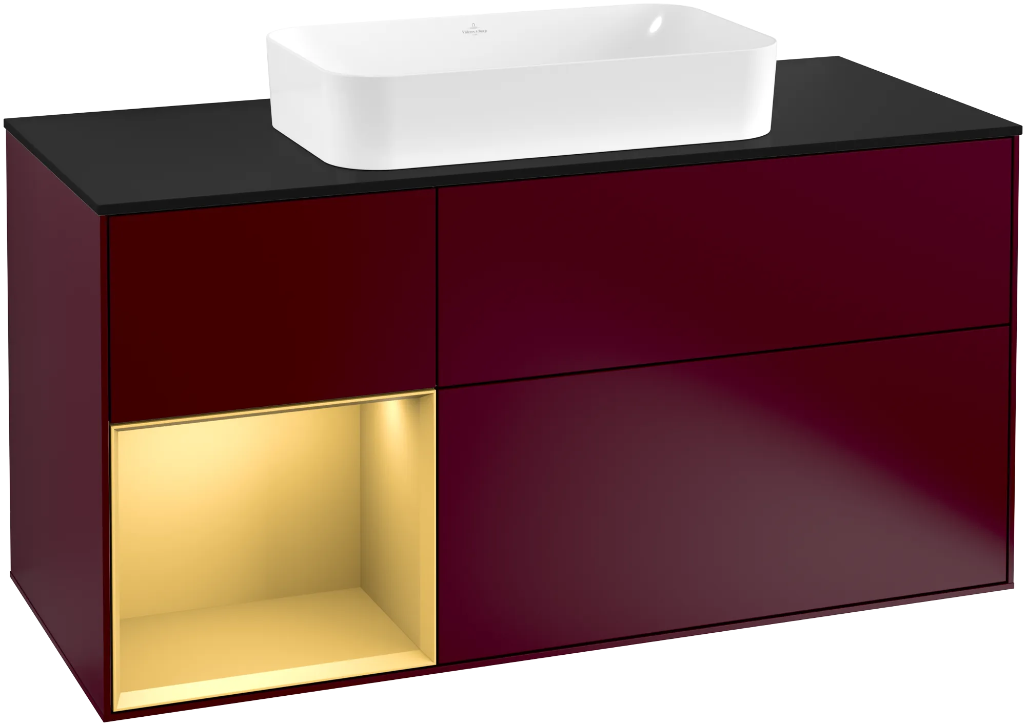 Bild von VILLEROY BOCH Finion Waschbeckenunterschrank, mit Beleuchtung, 3 Auszüge, 1200 x 603 x 501 mm, Peony Matt Lacquer / Gold Matt Lacquer / Glass Black Matt #G292HFHB