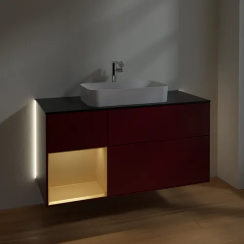 Obrázek VILLEROY BOCH Finion Vanity unit, with lighting, 3 pull-out compartments, 1200 x 603 x 501 mm, Peony Matt Lacquer / Gold Matt Lacquer / Glass Black Matt #G292HFHB