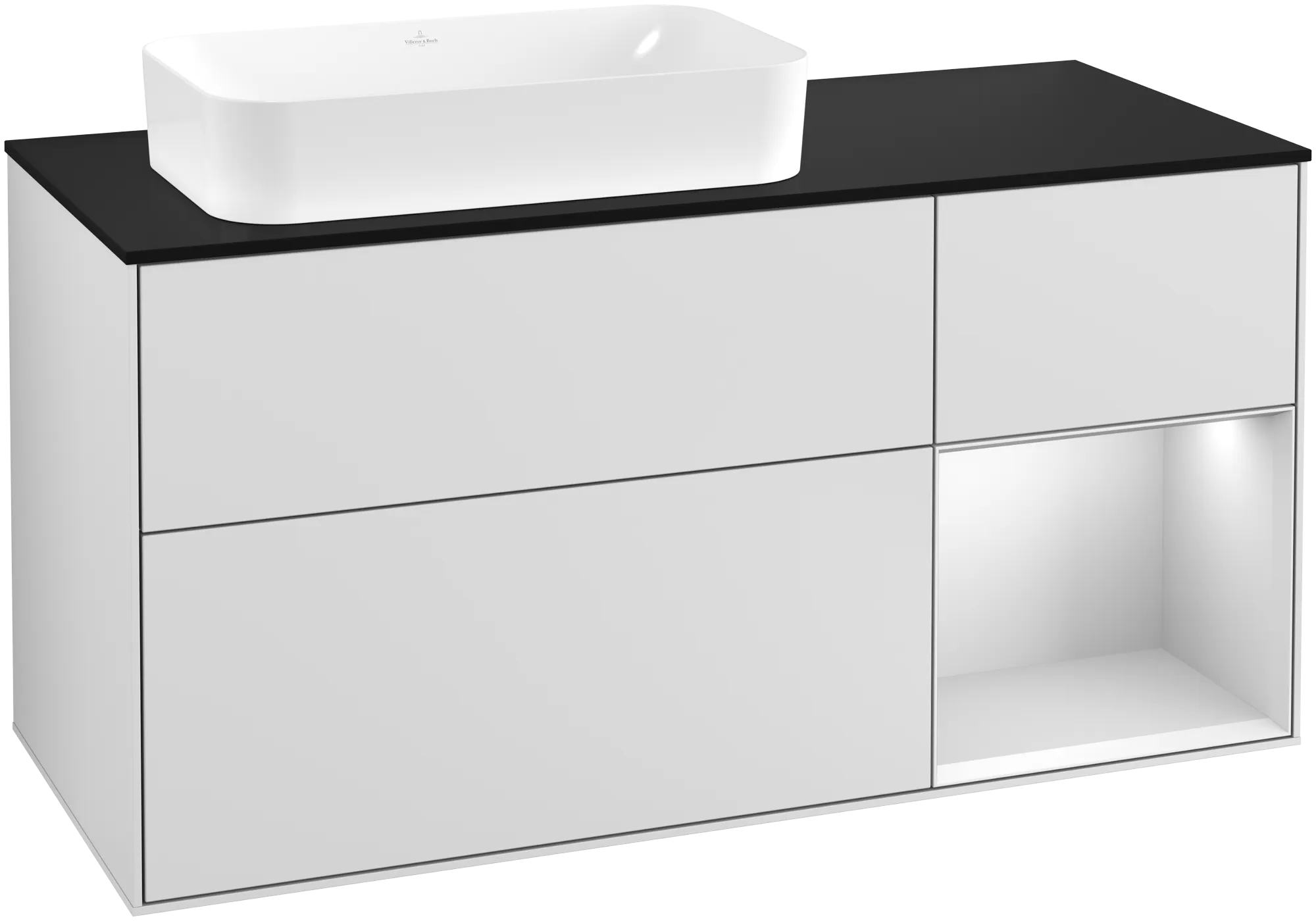 Bild von VILLEROY BOCH Finion Waschbeckenunterschrank, mit Beleuchtung, 3 Auszüge, 1200 x 603 x 501 mm, White Matt Lacquer / White Matt Lacquer / Glass Black Matt #G282MTMT