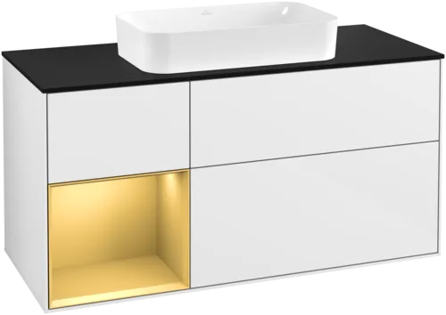 Bild von VILLEROY BOCH Finion Waschbeckenunterschrank, mit Beleuchtung, 3 Auszüge, 1200 x 603 x 501 mm, Glossy White Lacquer / Gold Matt Lacquer / Glass Black Matt #G292HFGF