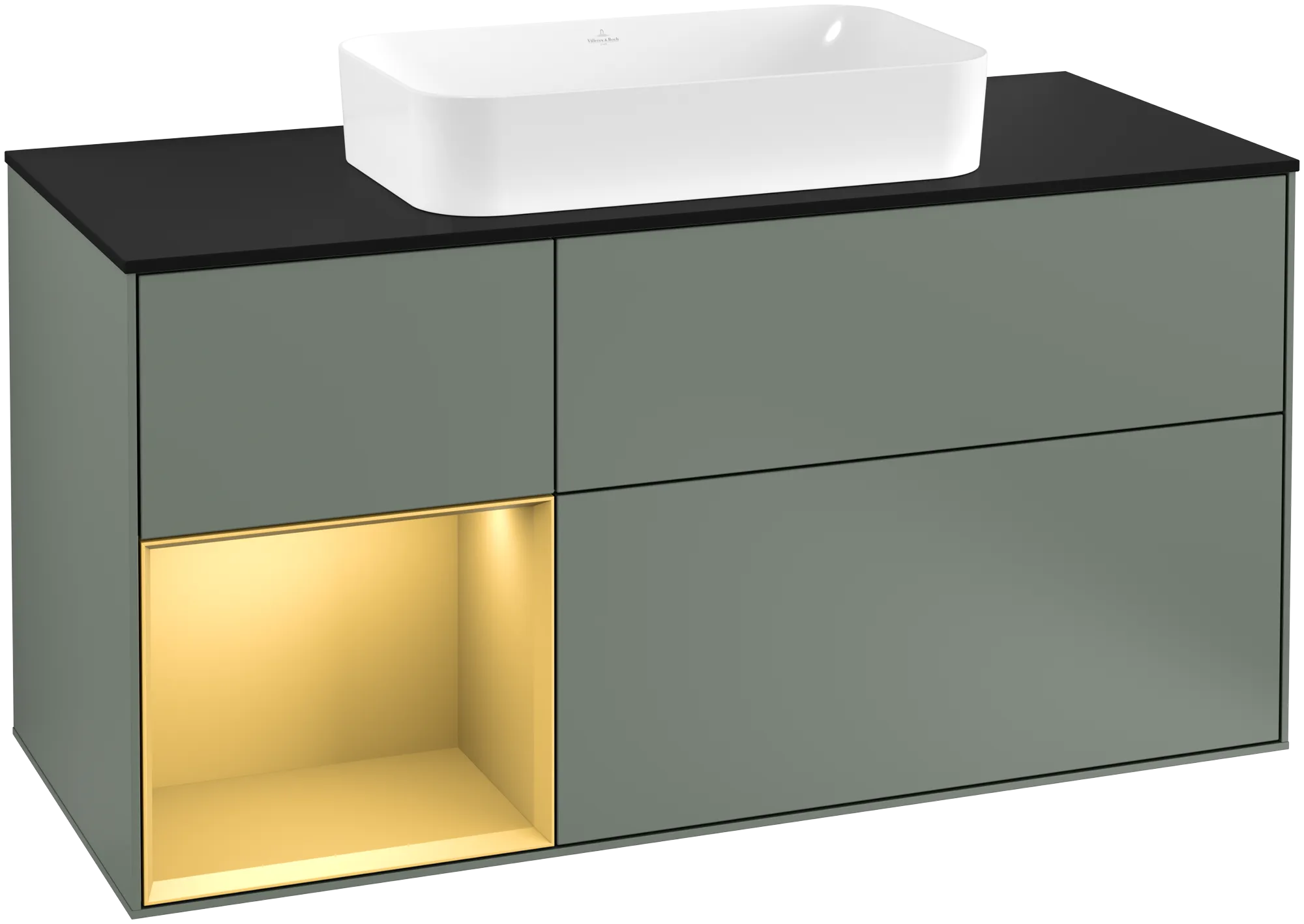 Bild von VILLEROY BOCH Finion Waschbeckenunterschrank, mit Beleuchtung, 3 Auszüge, 1200 x 603 x 501 mm, Olive Matt Lacquer / Gold Matt Lacquer / Glass Black Matt #G292HFGM