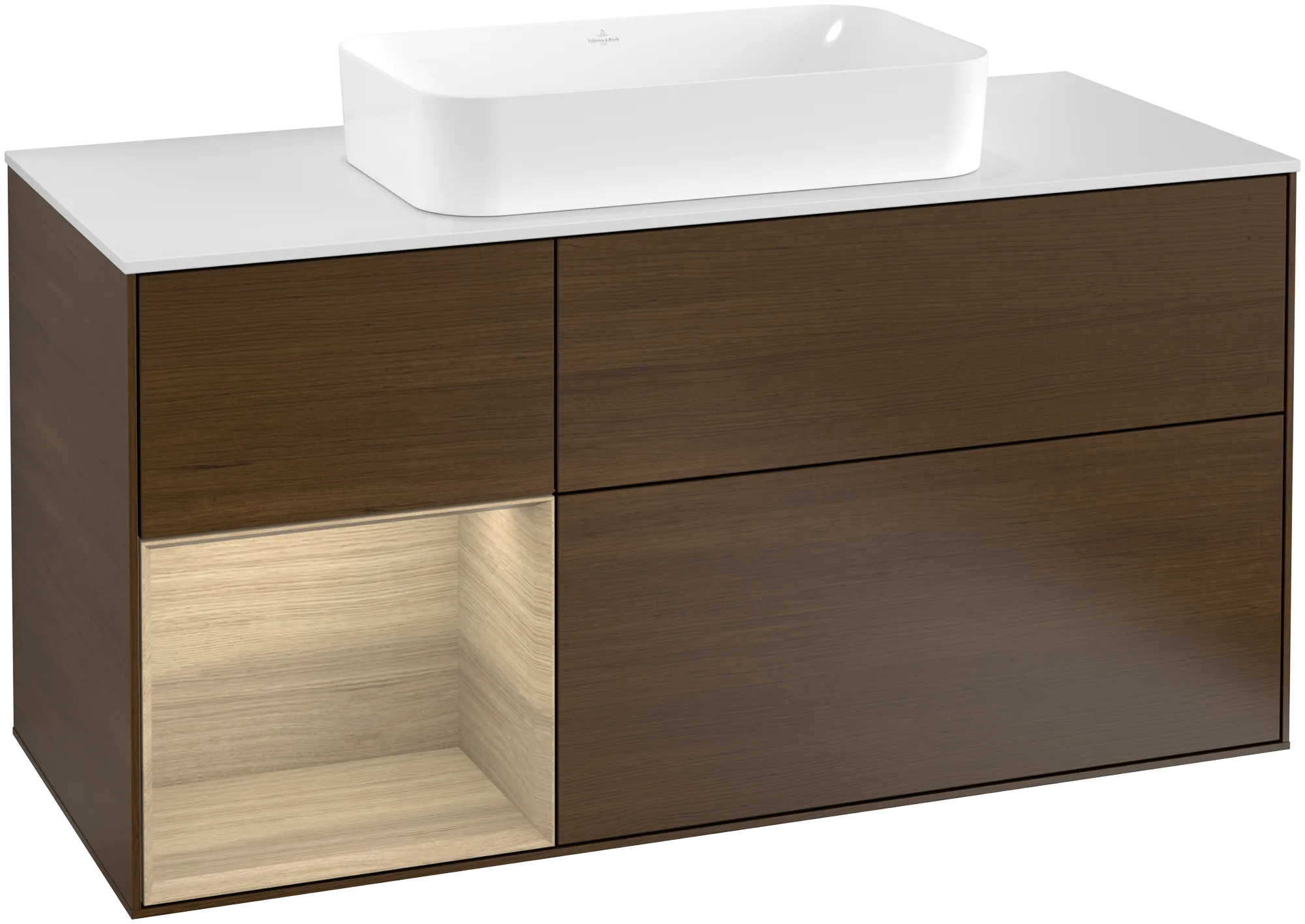 Bild von VILLEROY BOCH Finion Waschbeckenunterschrank, mit Beleuchtung, 3 Auszüge, 1200 x 603 x 501 mm, Walnut Veneer / Oak Veneer / Glass White Matt #G291PCGN